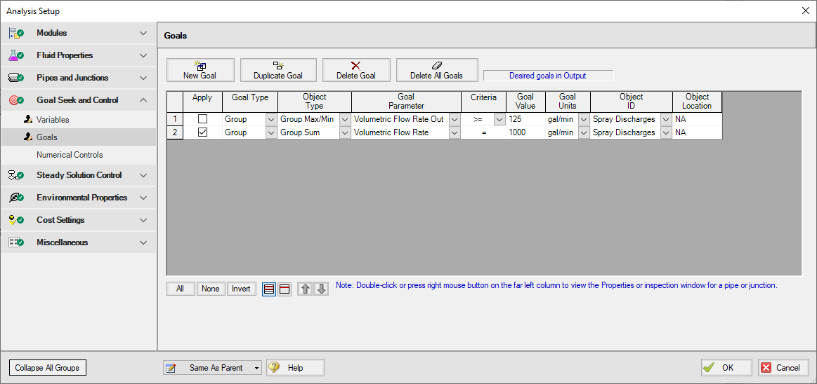 The Goals tab of the Goal Seek and Control Manager window with the Group Sum goal applied.